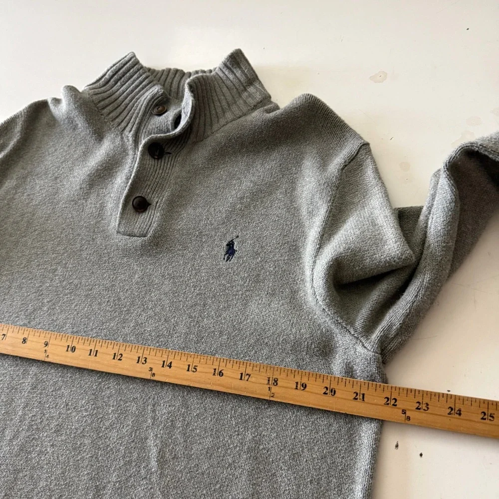 Polo Ralph Lauren Mens Large Grey Cotton Mock Neck Button Sweater Pullover Pony